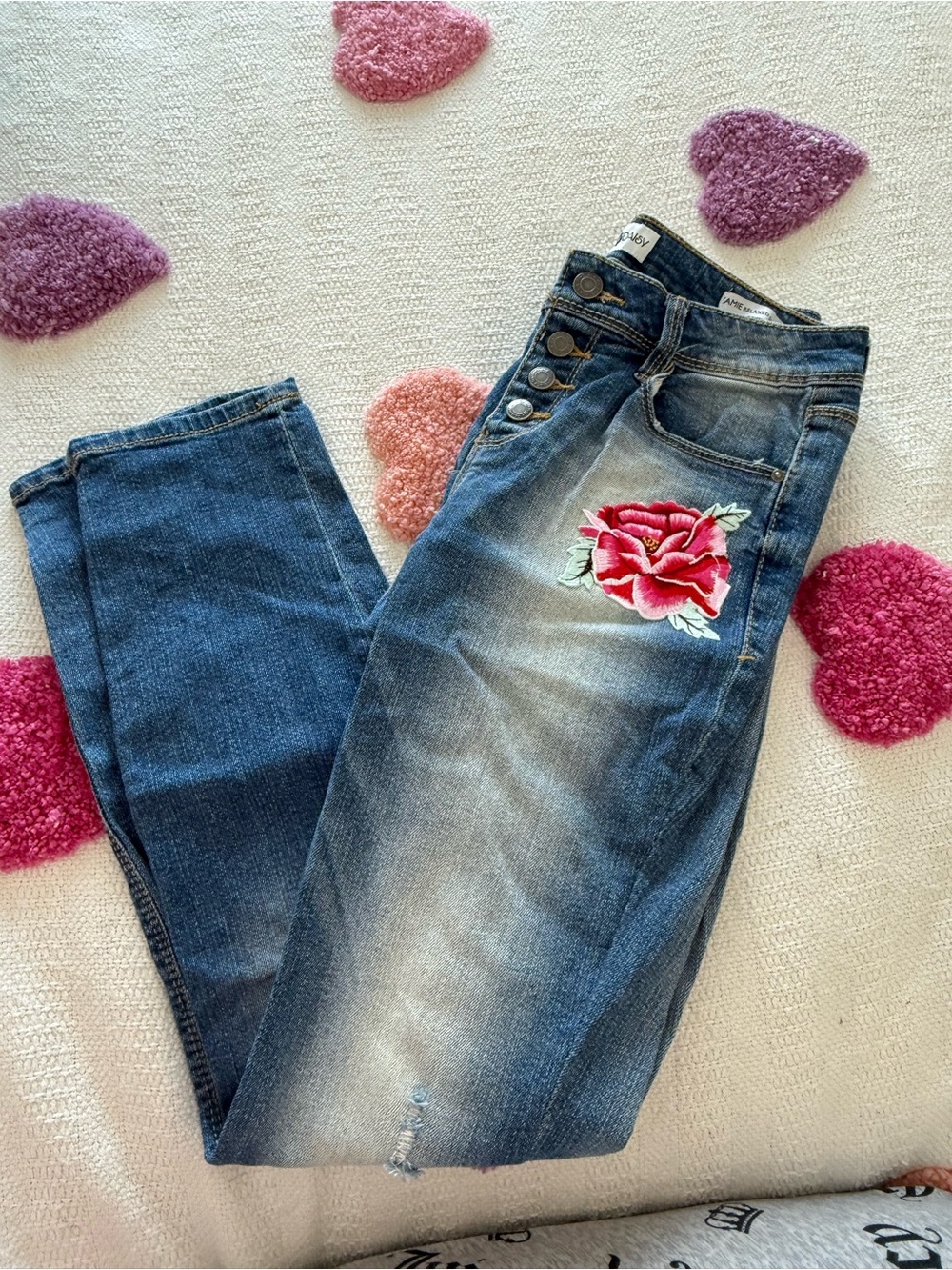 High-Rise Dark Blue Jeans with Pink Rose Embroidery